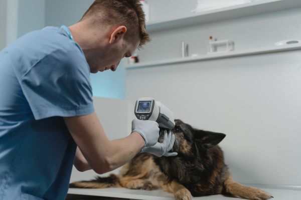 A vet examining a dog's eyes using clinical equipment